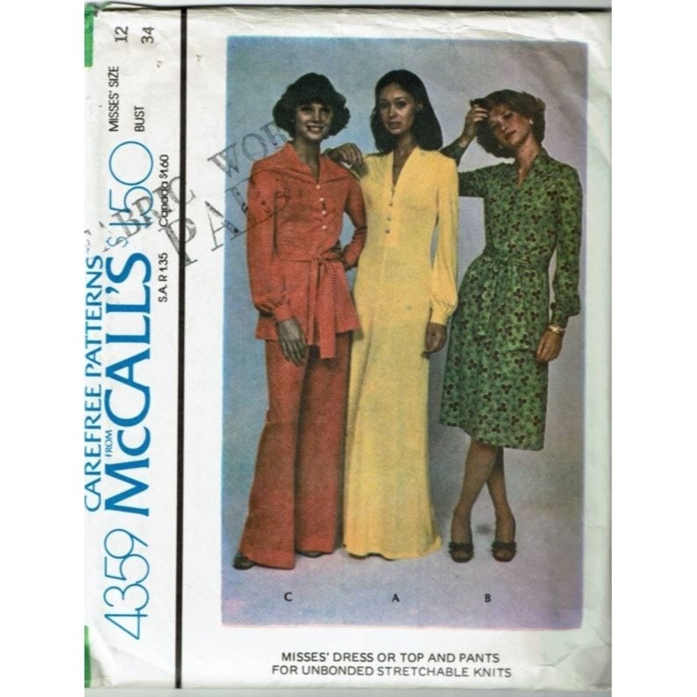 McCalls Sewing Pattern 4359 Womens Size 12 Multi Dress Top Pants Vintage 70s
